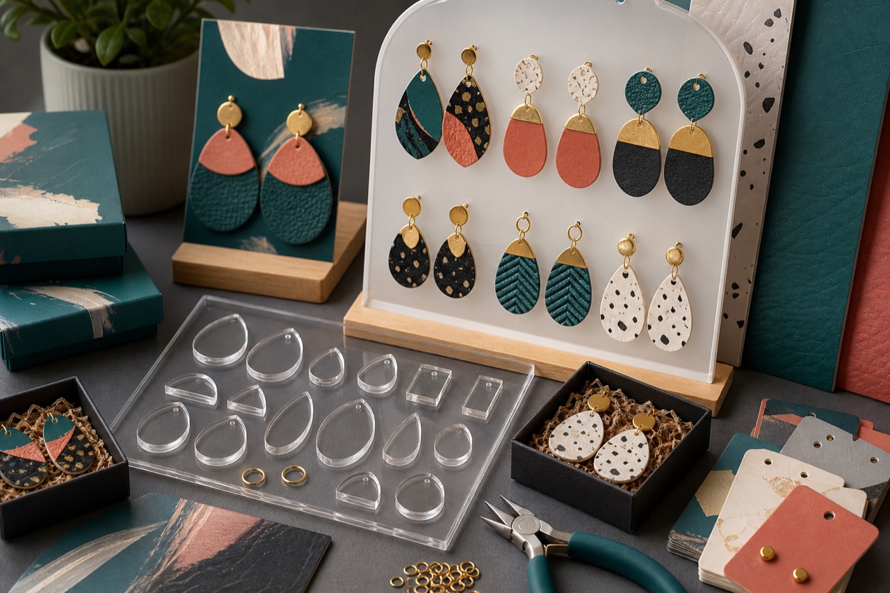 Acrylic and faux-leather earrings displayed with backing cards