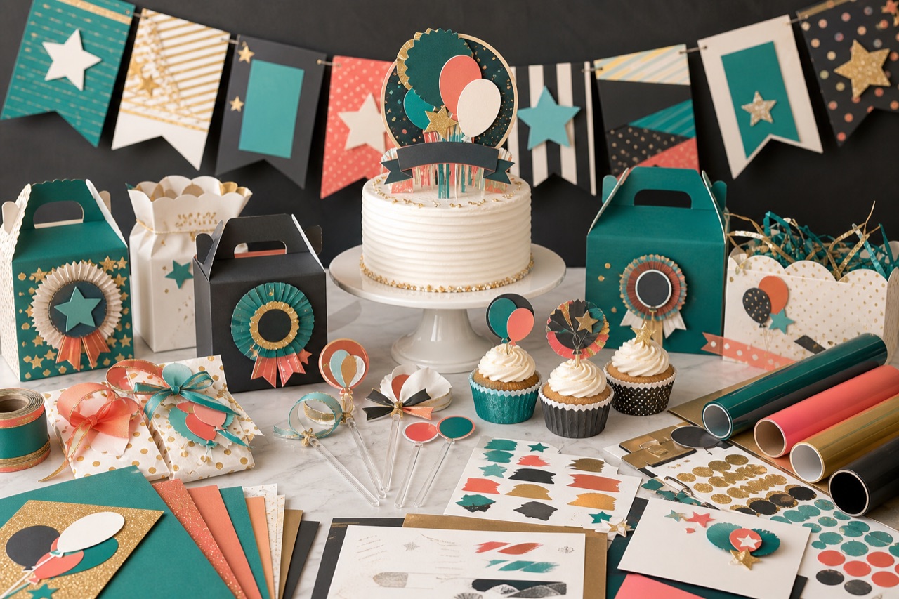 Birthday party favor and cake topper craft kit with bright cardstock pieces