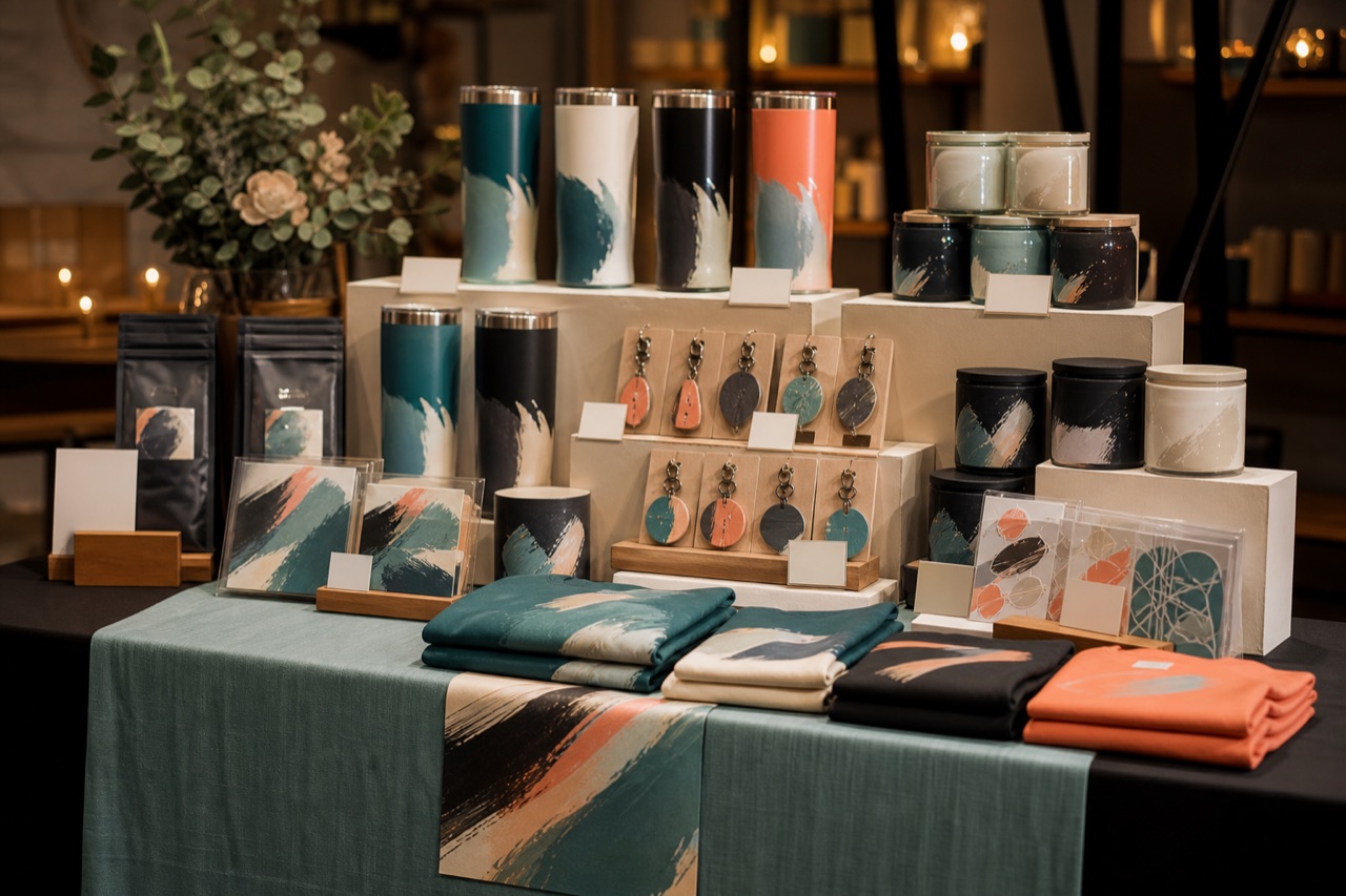 Professional craft fair booth display with handmade products