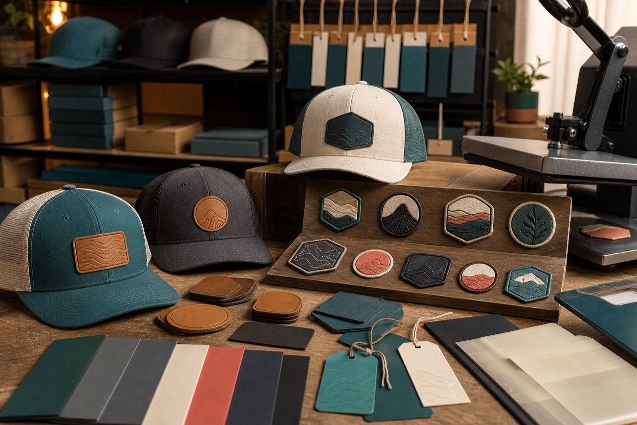 Custom trucker hats with leatherette patches and embroidery-style layouts