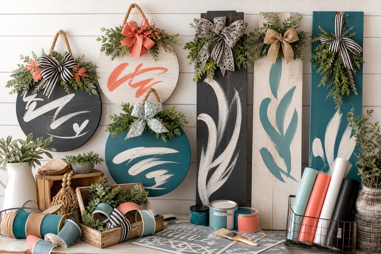 Door hangers and porch board craft display with seasonal blanks