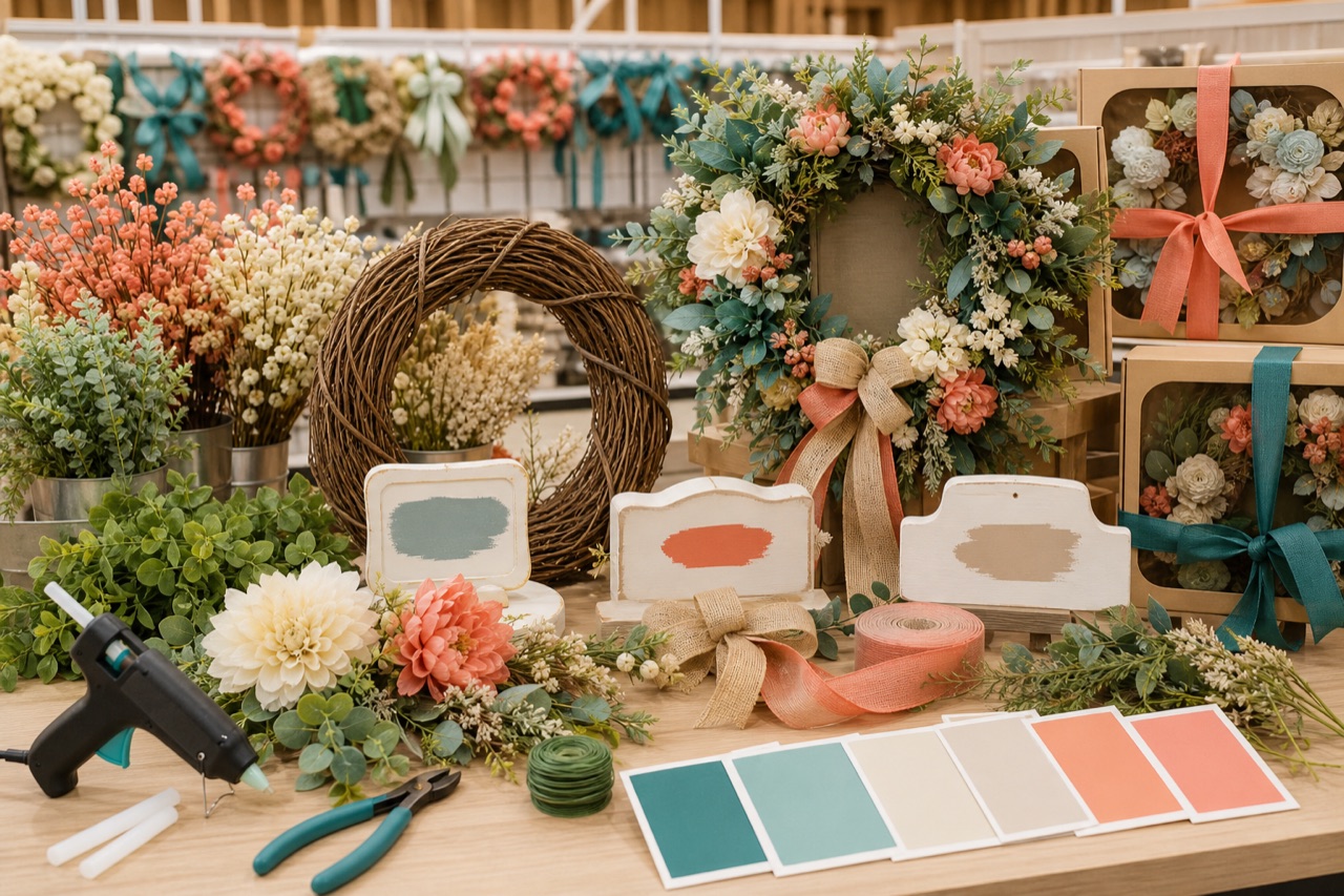 Floral wreaths and seasonal swags with bows greenery and sign blanks