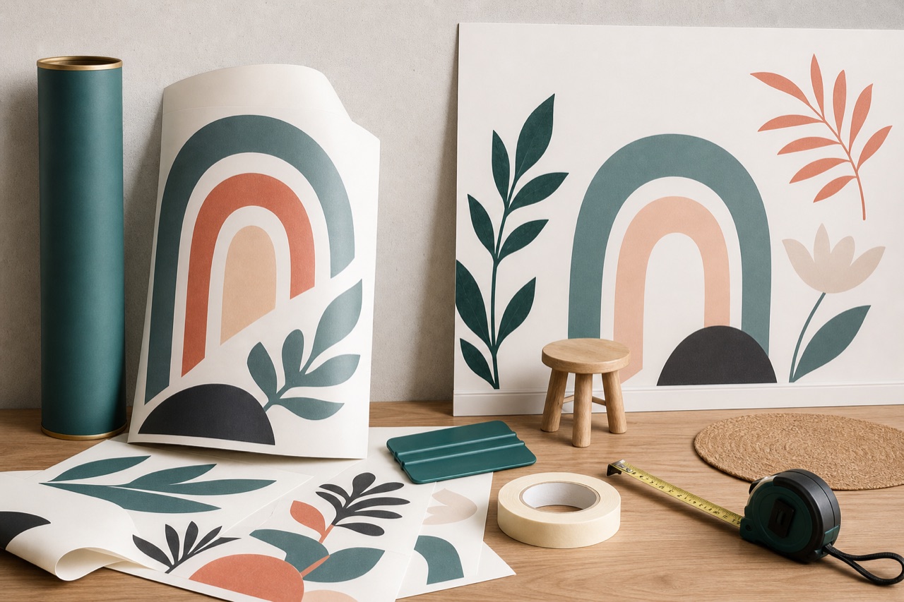 Removable wall decal sets with large vinyl sheets and install tools