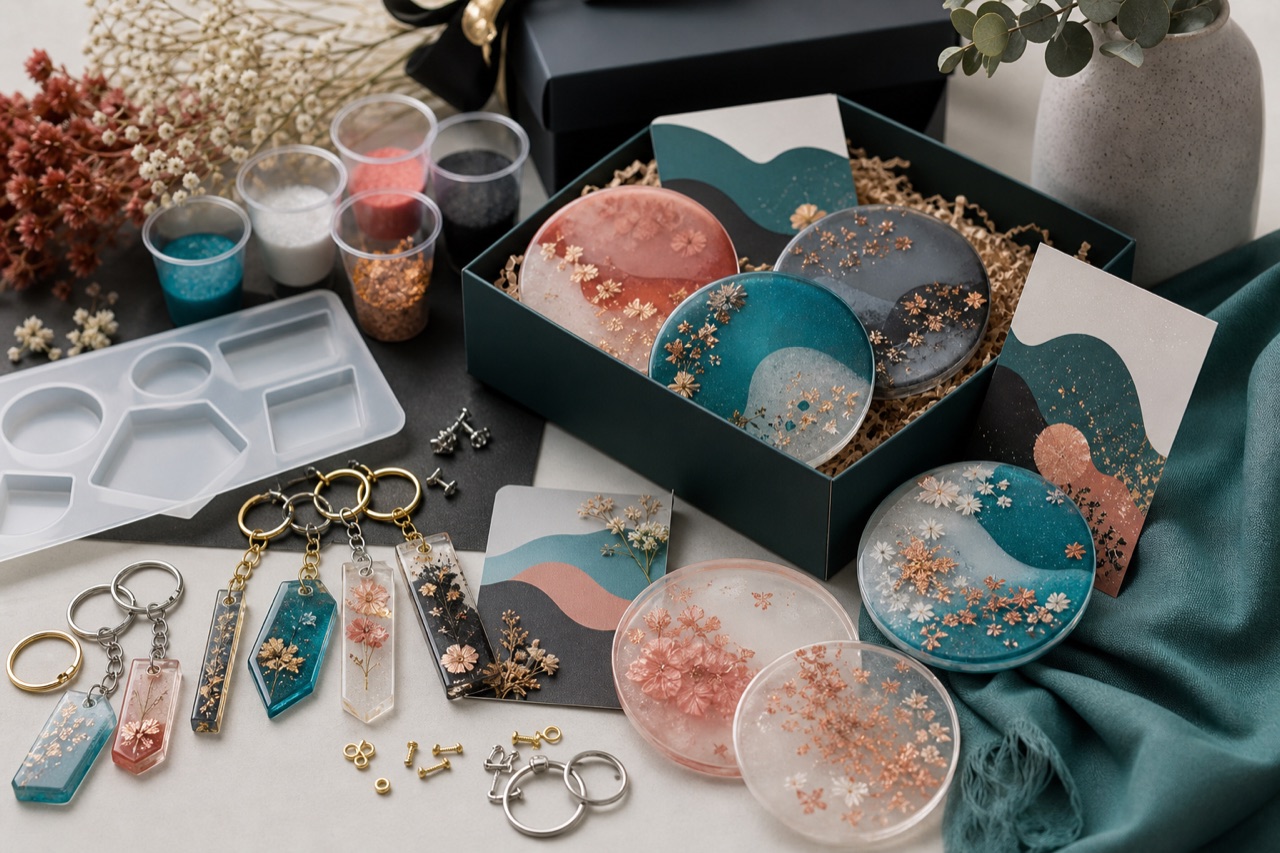Resin keychains and coasters craft collection with florals and hardware