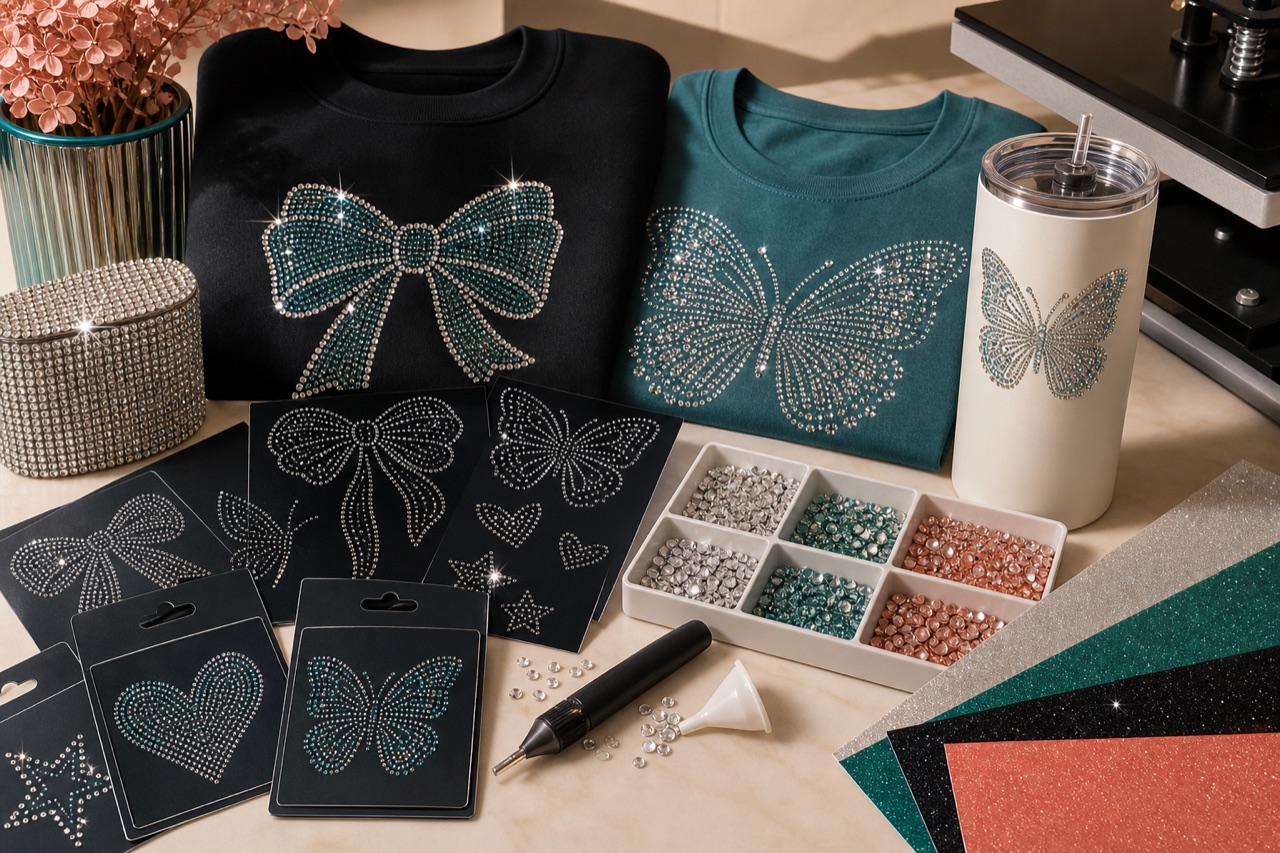 Rhinestone apparel and tumbler craft collection with glitter vinyl