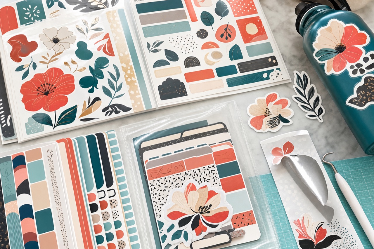 Sticker sheets and planner packs with printed kiss-cut labels