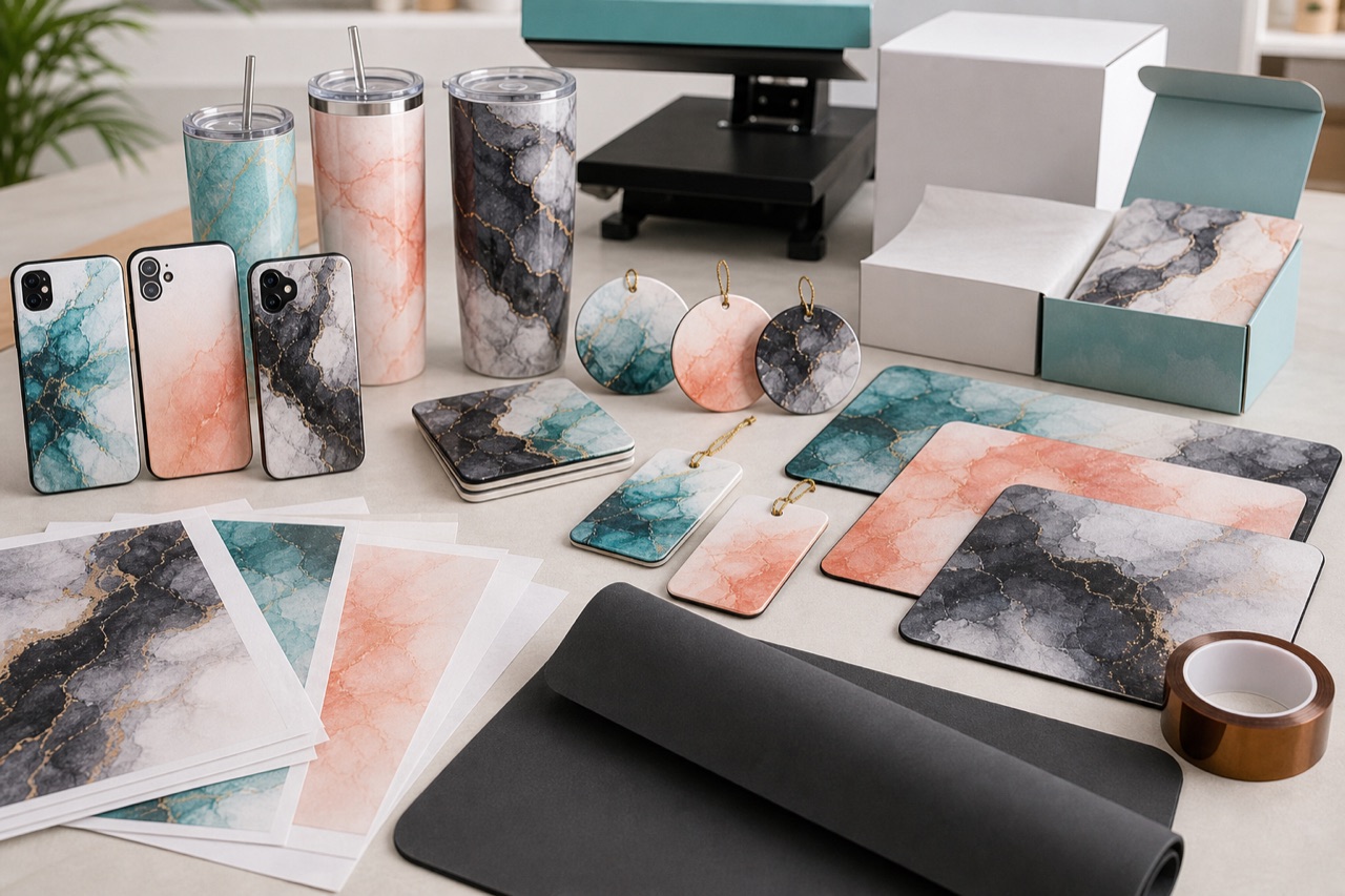 Sublimation blank product line with tumblers phone cases coasters and tags