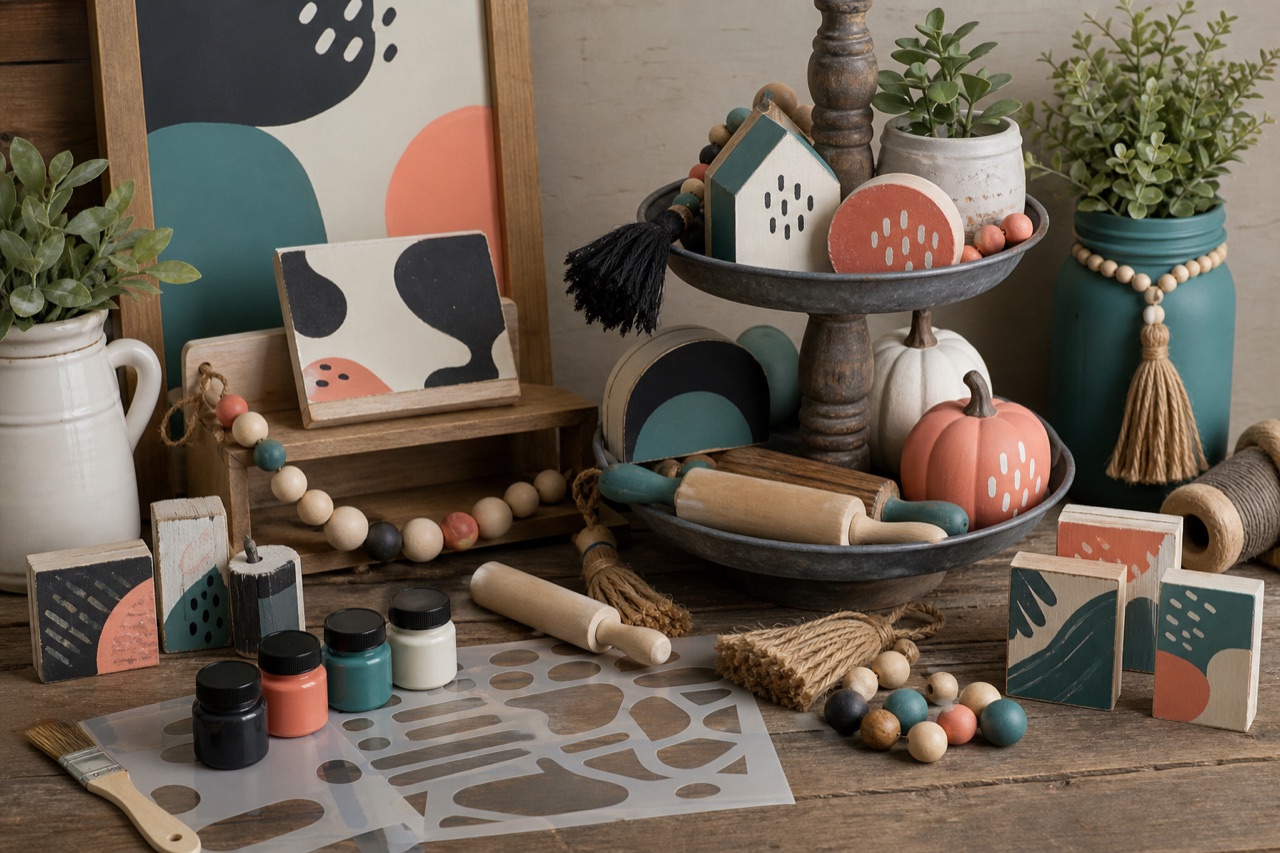 Tiered tray decor and shelf sitter craft collection with mini signs